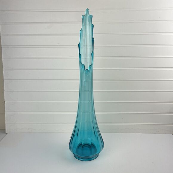 Vintage LE Smith Peacock Blue Column Ribbed Paneled Swung Glass Vase 20.5" MCM - Picture 1 of 13